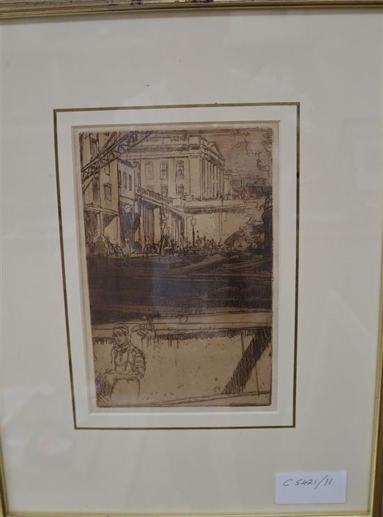 Frank William Brangwyn (1867-1956), etching printed in sepia, The Fishmongers Hall from the river, 19 x 13cm